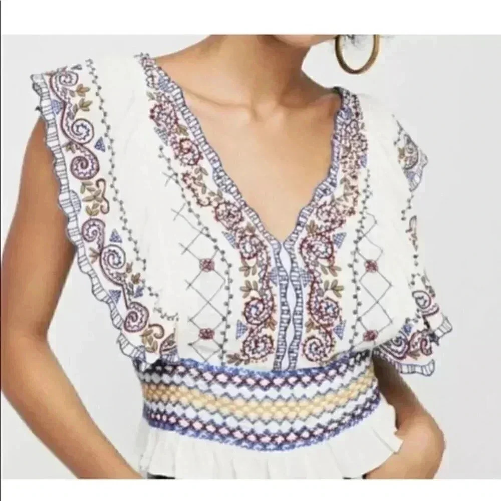 Free People- White Holland Park Beaded Blouse - Picture 4 of 8